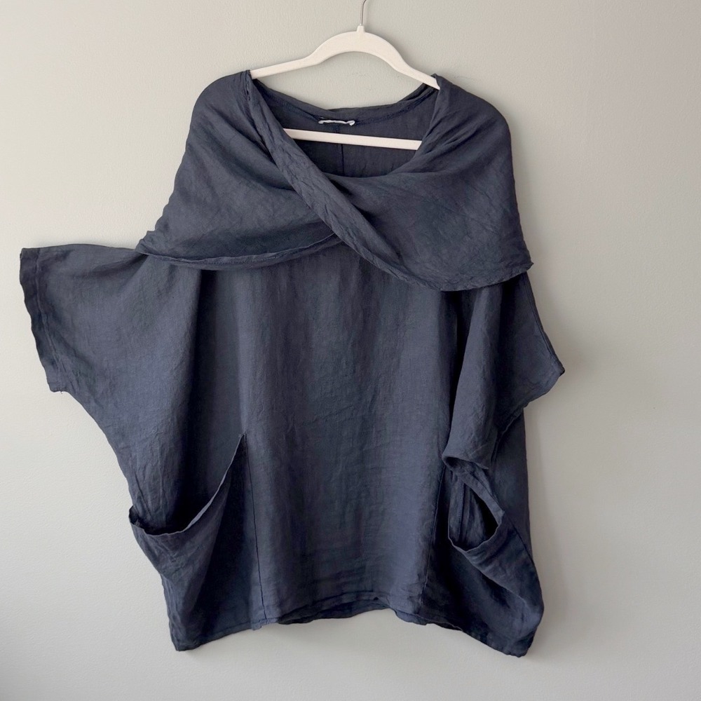 Shyloh Italy 100% Linen Draped Cowl Neck Poncho Tunic Top